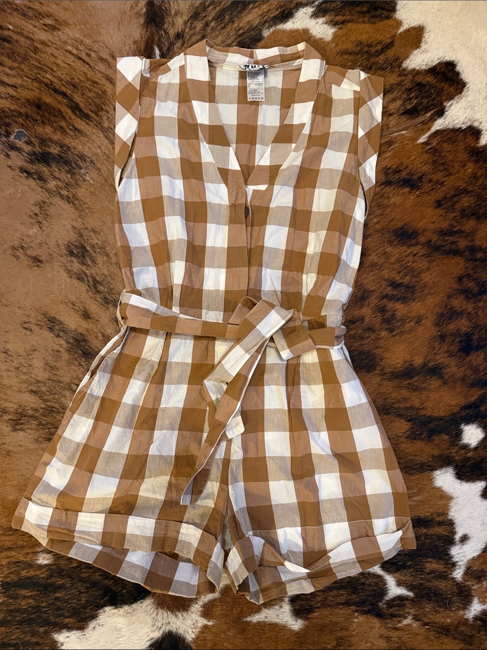 Anthropologie Brown and White Gingham Sleeveless Tie-Waist Romper With Pockets